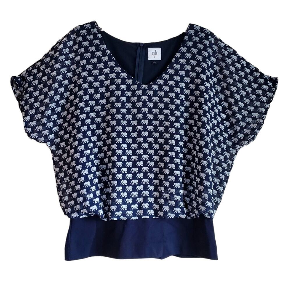 CABI Women's S Top Blue Ole Parade Elephant Wide Waist Band Slit Back Lined 36"